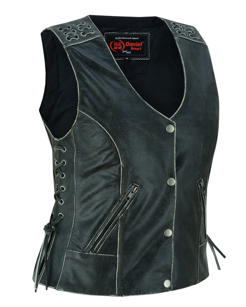 DS285V Women's Gray Vest with Grommet and Lacing Accents