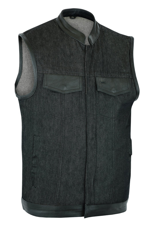 DM962 Men's Rough Rub-Off Raw Finish Denim Vest W/Leather Trim - Scoop Collar