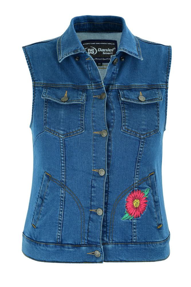 DM944 Women's Blue Denim Snap Front Vest with Red Daisy