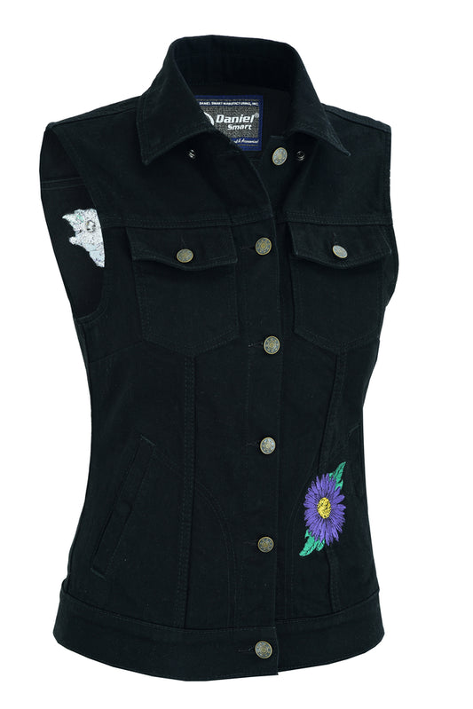 DM945 Women's Black Denim Snap Front Vest with Purple Daisy