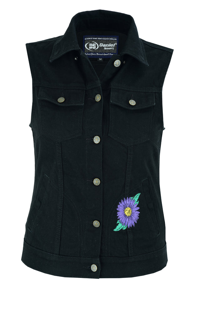 DM945 Women's Black Denim Snap Front Vest with Purple Daisy