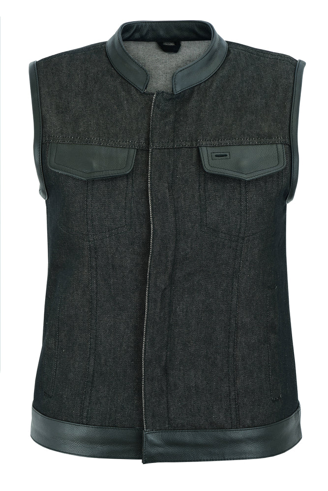 DM963 Women's Rough Rub-Off Raw Finish Denim Vest W/Leather Trim