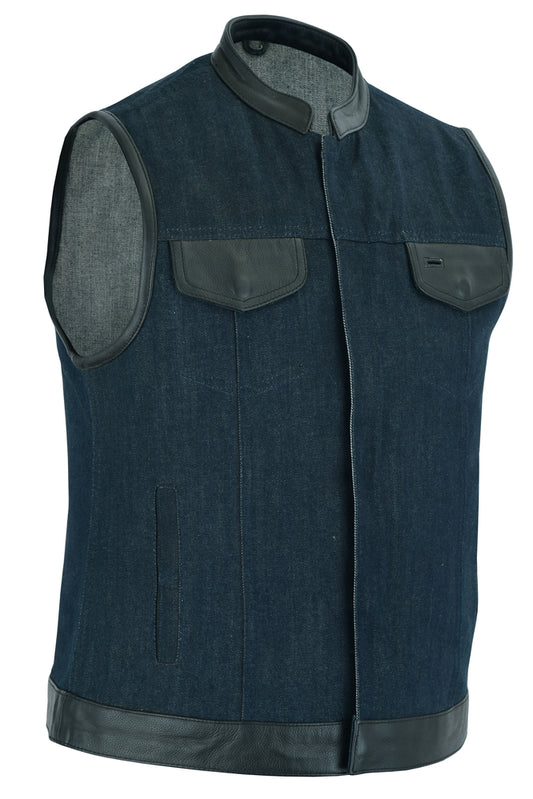 DM964 Women's Broken Blue Rough Rub-Off Raw Finish Denim Vest W/Leather Trim