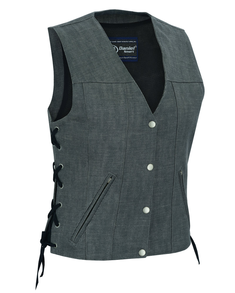 DM919 Women's Rough Rub-Off Raw Finish Broken Gray Denim Vest