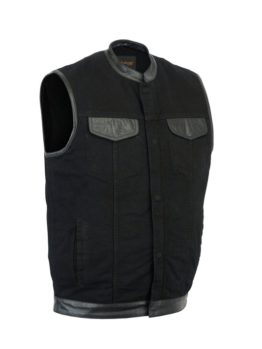 DM992 Men's Black Denim Single Panel Concealment Vest W/ Leather Trim