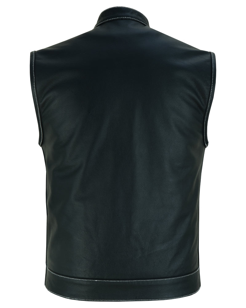 DS164 Men's Paisley Black Leather Motorcycle Vest with White Stitching