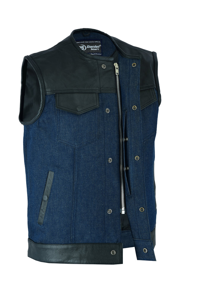 DM933 Men's Leather/Denim Combo Vest (Black/Broken Blue)