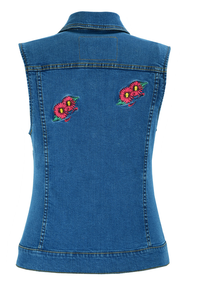 DM944 Women's Blue Denim Snap Front Vest with Red Daisy