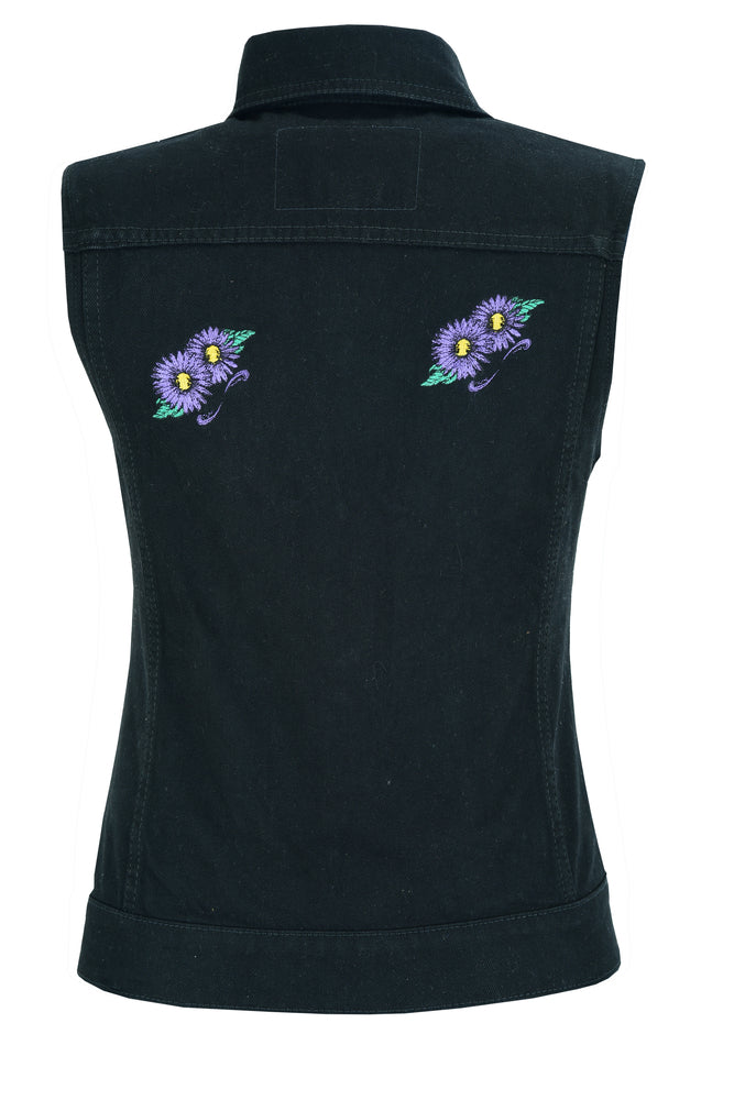 DM945 Women's Black Denim Snap Front Vest with Purple Daisy