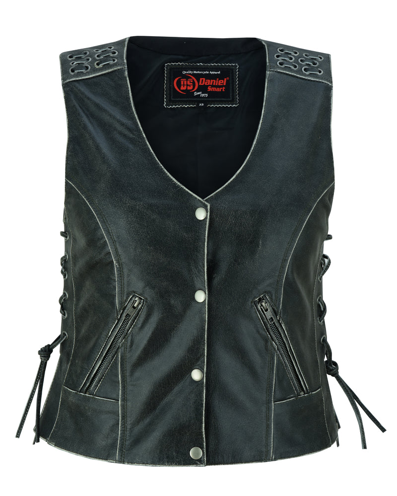 DS285V Women's Gray Vest with Grommet and Lacing Accents