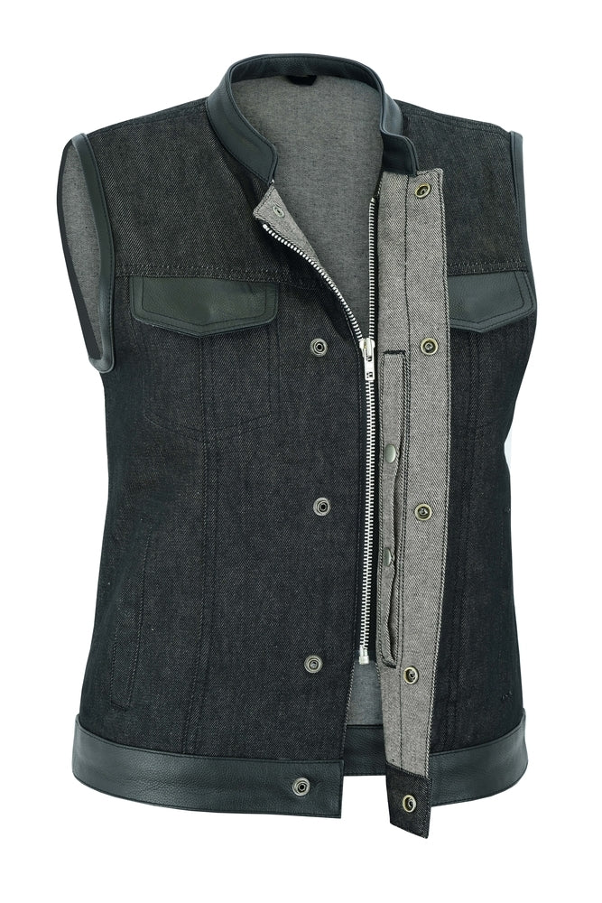 DM963 Women's Rough Rub-Off Raw Finish Denim Vest W/Leather Trim